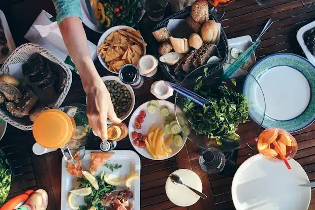 table with healthy foods